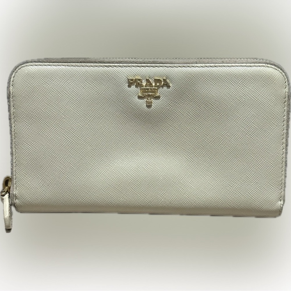 Authentic Prada Saffiano Leather Zip Wallet | Ivory